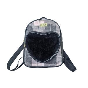 Betsy Johnson Like New Small Backpack.  Fuzzy Heart Pocket with Flannel Front
